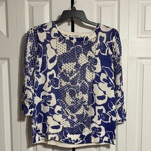 PRETTY Chico's blue & off white cotton blend Floral open Knit Sweater top MEDIUM